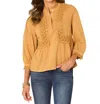 Democracy Woven High Neck 3/4 Sleeve Crochet Lace Peplum Woven Top In Dark Mustard Gold In Multi