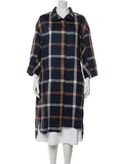 Pre-owned Demoo Parkchoonmoo Linen Plaid Print Coat W/ Tags In Blue