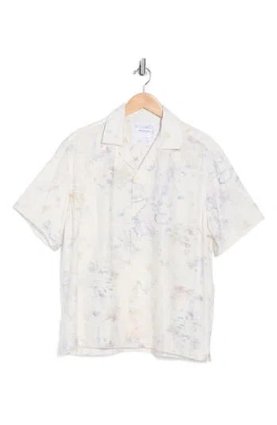 Denim And Flower Abstract Print Camp Shirt In White