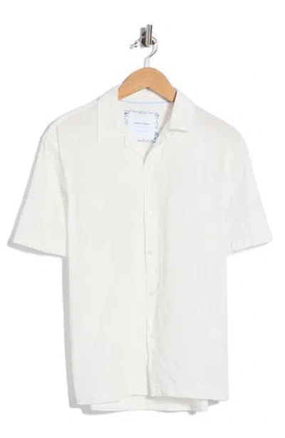 Denim And Flower Embroidered Camp Shirt In White