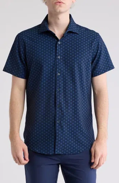 Denim And Flower Geo Print Short Sleeve Button-up Shirt In Navy