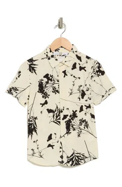 Denim And Flower Kids' Floral Short Sleeve Button-up Shirt In Off White W/blackfloral