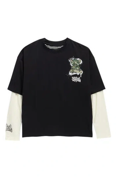 Denim And Flower Kids' Teddy Cotton Graphic T-shirt In Black