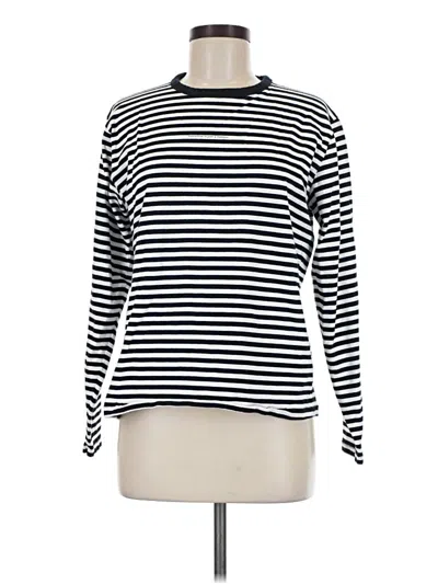 Pre-owned Denim And Flower Long Sleeve Top Black Stripes Pattern Boatneck Tops