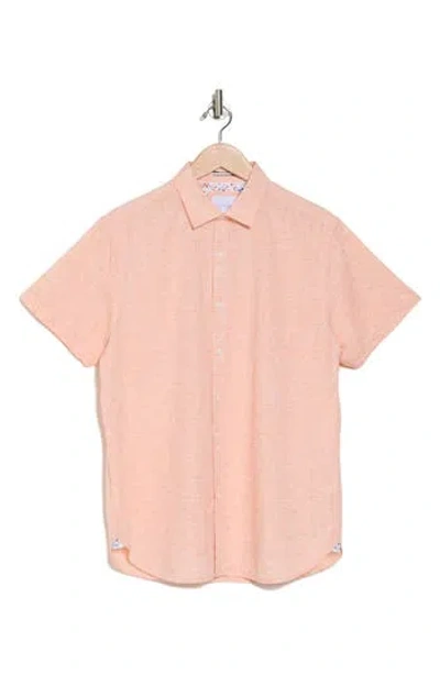 Denim And Flower Mélange Short Sleeve Button-up Shirt In Peach