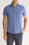 Denim And Flower Micro Print Short Sleeve Button-up Shirt In Blue