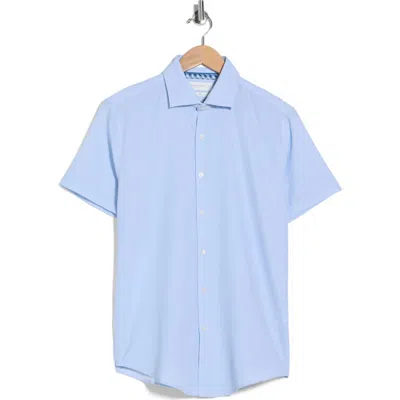 Denim And Flower Microprint Short Sleeve Stretch Button-up Shirt In Blue
