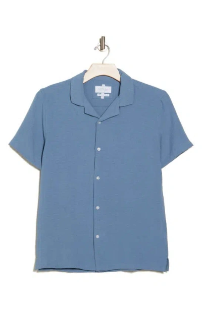 Denim And Flower Notch Collar Short Sleeve Shirt In Blue