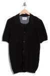 Denim And Flower Short Sleeve Button-up Sweater In Black