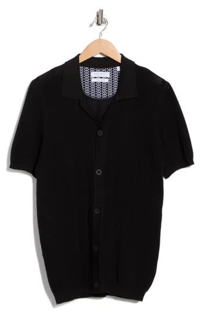 Denim And Flower Short Sleeve Button-up Sweater In Black