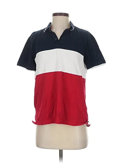 Pre-owned Denim And Flower Short Sleeve Top Red Color Block Pattern Collared Neckline Tops