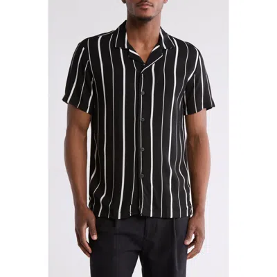 Denim And Flower Stripe Camp Shirt In Black