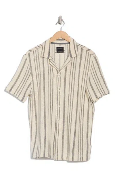 Denim And Flower Stripe Open Stitch Camp Shirt In White