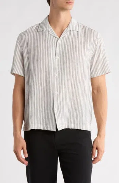Denim And Flower Stripe Print Relaxed Fit Camp Shirt In White