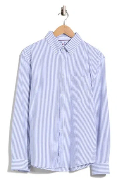 Denim And Flower Stripe Stretch Cotton Long Sleeve Button-down Shirt In Blue