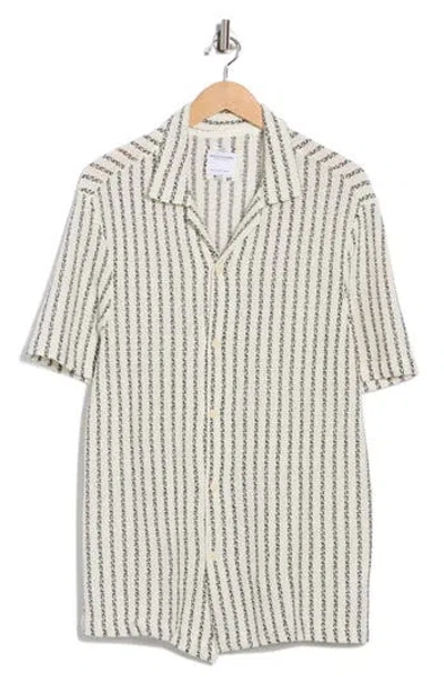 Denim And Flower Stripe Textured Camp Shirt In White
