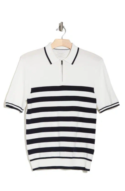 Denim And Flower Stripe Zip Polo In Cream