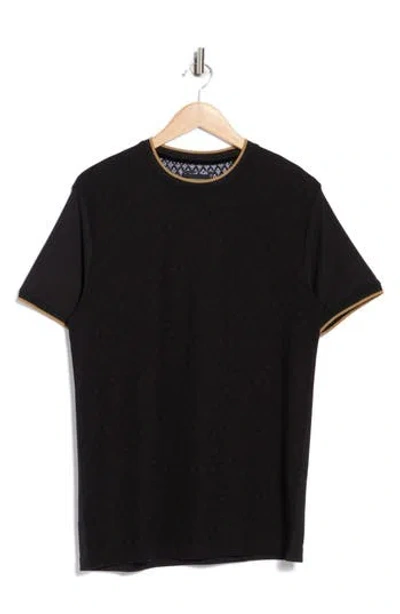 Denim And Flower Texture Knit Crew T-shirt In Black