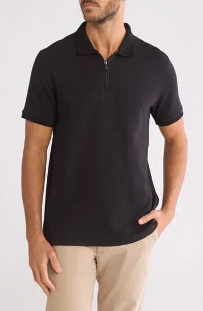Denim And Flower Texture Zip Polo In Black