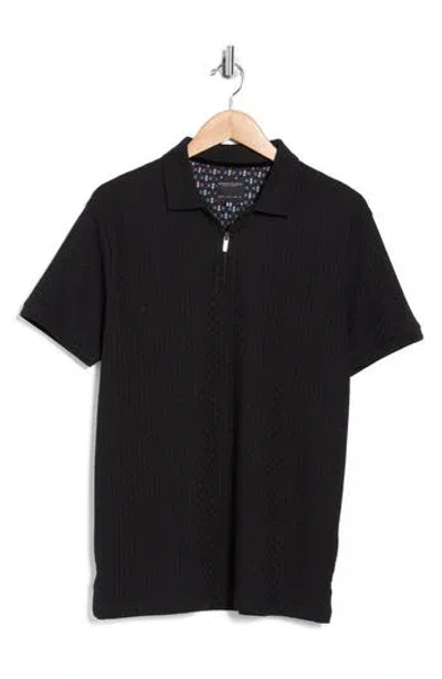 Denim And Flower Textured Cotton Blend Quarter Zip Polo In Black