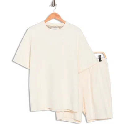 Denim And Flower Textured Knit T-shirt & Shorts Set In Neutral