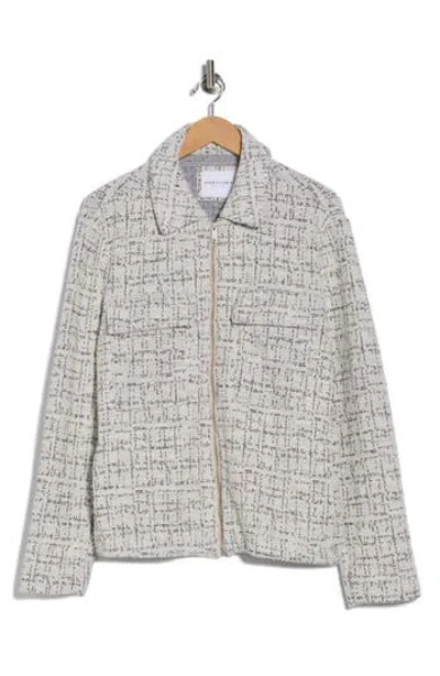 Denim And Flower Textured Knit Zip Jacket In White