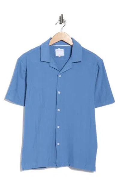 Denim And Flower Textured Short Sleeve Button-up Shirt In Blue