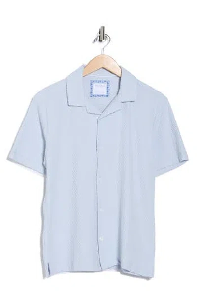 Denim And Flower Textured Short Sleeve Button-up Shirt In Blue