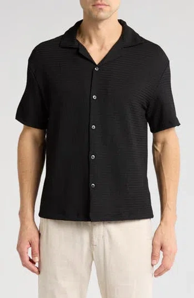 Denim And Flower Textured Short Sleeve Camp Shirt In Black