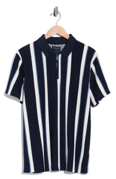 Denim And Flower Textured Vertical Stripe Polo In Blue