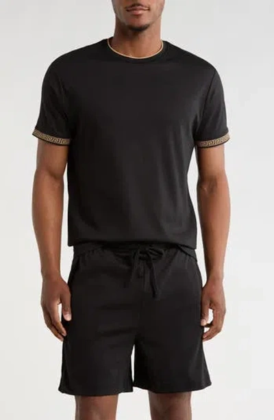 Denim And Flower Tipped Knit T-shirt & Shorts Set In Black