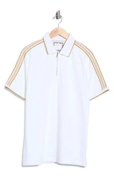 Denim And Flower Tipped Zip Polo In White