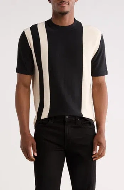 Denim And Flower Vertical Stripe Knit T-shirt In Black