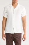 Denim And Flower Textured Short Sleeve Button-up Shirt In White
