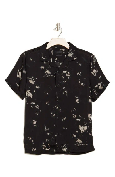 Denim And Flower Wrinkle Text Short Sleeve Button-up Camp Shirt In Black