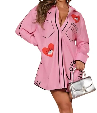 Denim Love Love Letter Button Down Dress In Pink