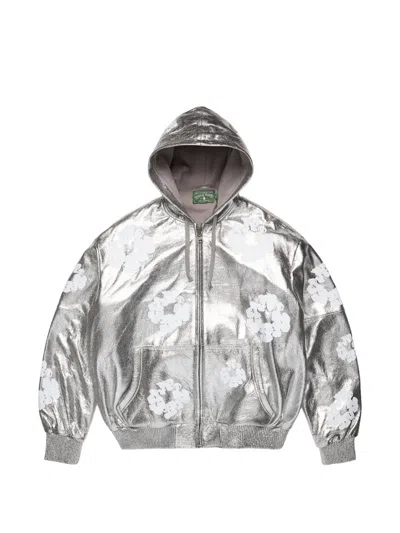 Denim Tears Cotton Wreath Leather Hooded Jacket In Silver