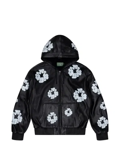 Denim Tears Cotton Wreath Leather Hoodie In Black