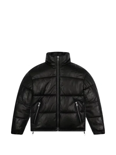 Denim Tears Embossed-wreath Leather Puffer Jacket In Black