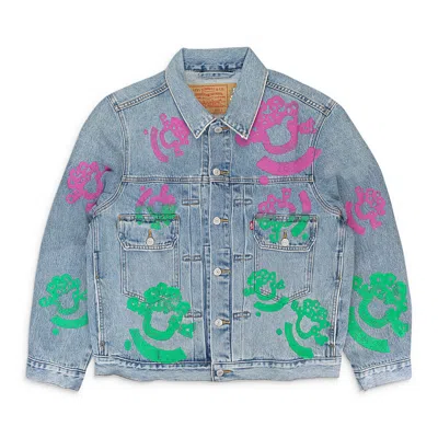 Denim Tears Light Wash Pink & Green Bstroy Denim Jacket In Blue