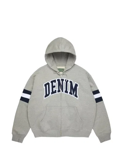 Denim Tears Logo-appliqué Zip-up Hoodie In Gray