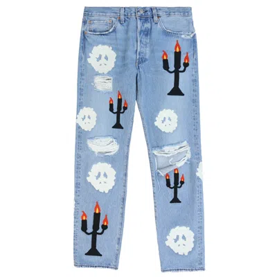 Pre-owned Denim Tears Men's  X Virgil Abloh "message In A Tear" Embroidered Jeans In Blue