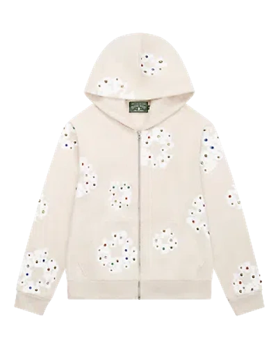 Pre-owned Denim Tears Rhinestone Cotton Wreath Zip Hoodie Oatmeal In Blue