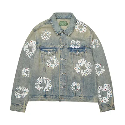 Pre-owned Denim Tears Studded Cotton Wreath Denim Jacket 'dirty Wash' | Blue | Men's Size S