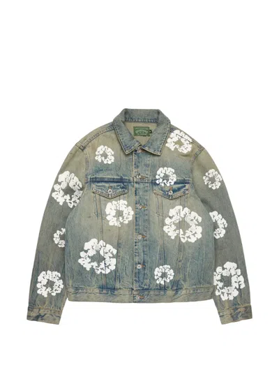 Denim Tears Wreath Floral-print Button-up Denim Jacket In Blue