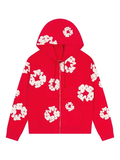 Denim Tears Wreath-print Zip-up Hoodie In Red