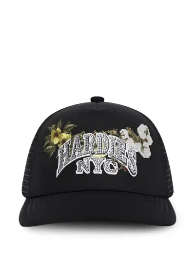 Denim Tears X Hardies Nyc Floral-embroidered Trucker Cap In Black