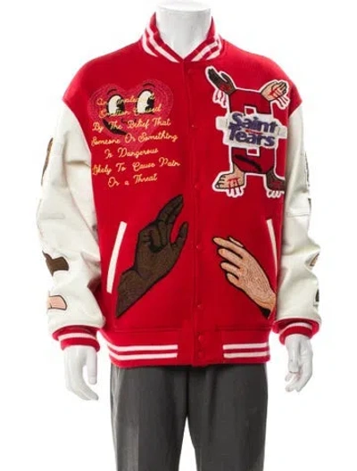 Pre-owned Denim Tears X Saint Michael Wool Colorblock Pattern Varsity Jacket In Red