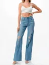 Denim Zone High Waisted Distressed Women's Wide Leg Jeans In Light Blue In Blue