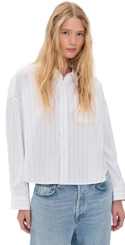 Denimist Bailey Cropped Button Down Shirt Light Blue Wide Pinstripe In White